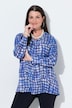 Satin-Bluse, Karo, Zierfalte, V-Ausschnitt, Langarm