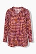 Satin-Bluse, Karo, Zierfalte, V-Ausschnitt, Langarm
