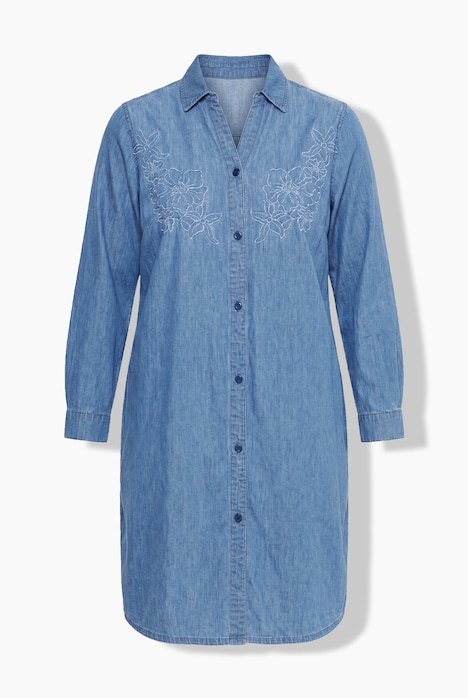 Jeanskleid, oversized, florale Stickerei, Langarm