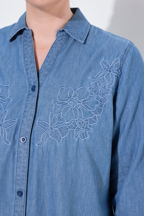 Jeanskleid, oversized, florale Stickerei, Langarm