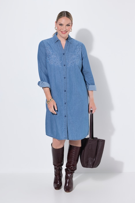 Jeanskleid, oversized, florale Stickerei, Langarm