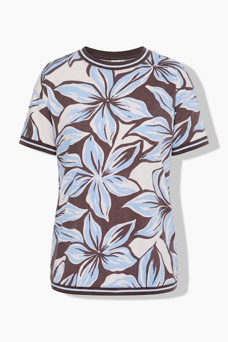 T-Shirt, Boxy Fit, Blütenmuster, Streifenbündchen