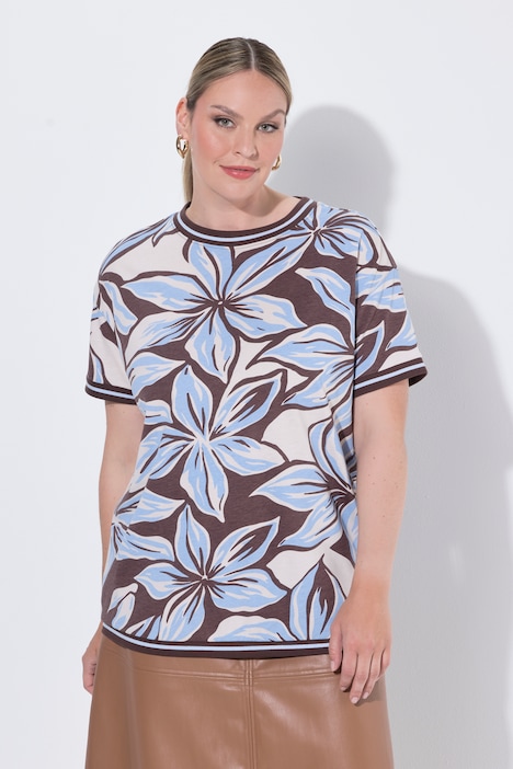 T-Shirt, Boxy Fit, Blütenmuster, Streifenbündchen