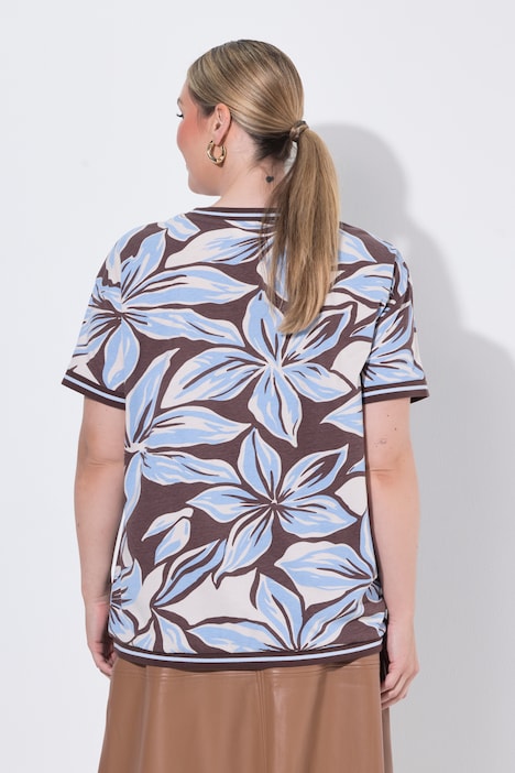T-Shirt, Boxy Fit, Blütenmuster, Streifenbündchen
