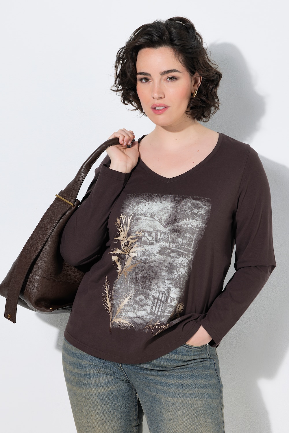 Shirt, Gartenmotiv, Classic, V-Ausschnitt, Langarm