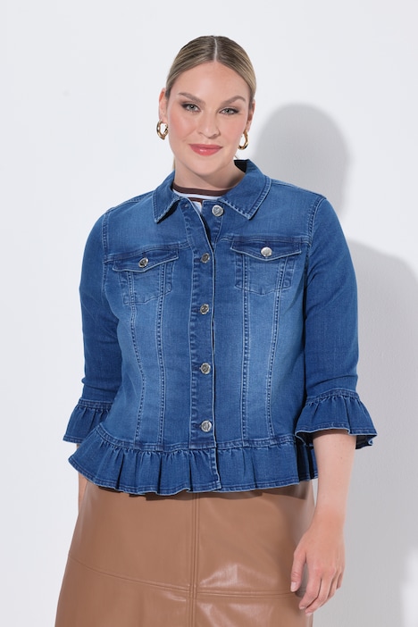 Jeansjacke, Volants, Stretchdenim, 3/4-Ärmel