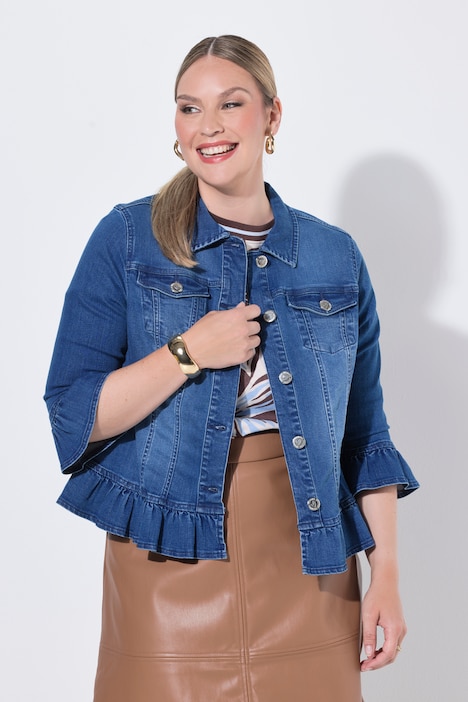 Jeansjacke, Volants, Stretchdenim, 3/4-Ärmel