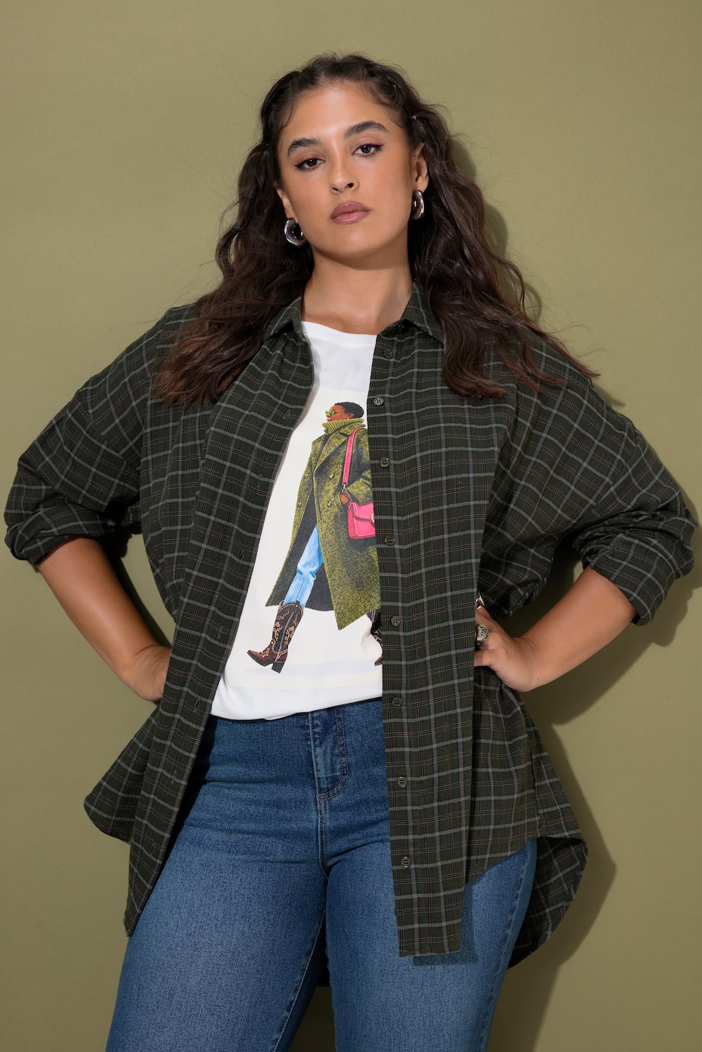 Geruite mousseline blouse, oversize, lange mouwen