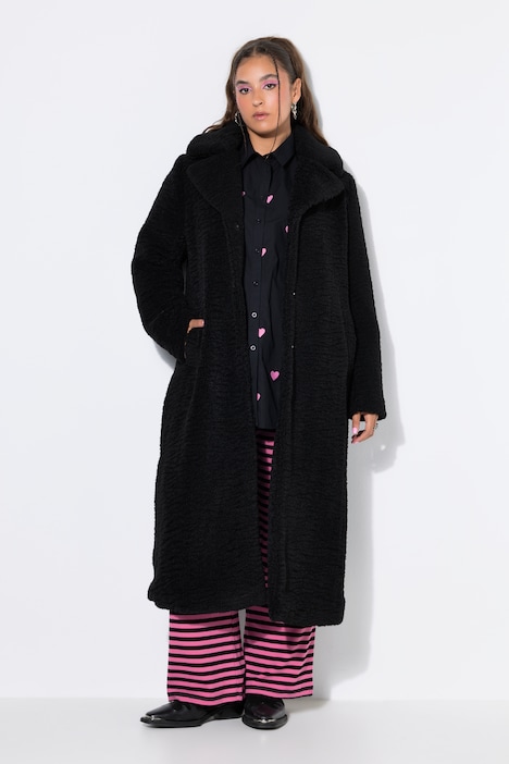 Manteau en peluche, coupe droite longue, col à revers, manches longues