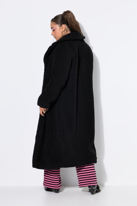 Manteau en peluche, coupe droite longue, col à revers, manches longues