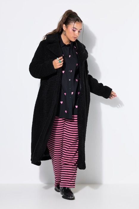 Manteau en peluche, coupe droite longue, col à revers, manches longues