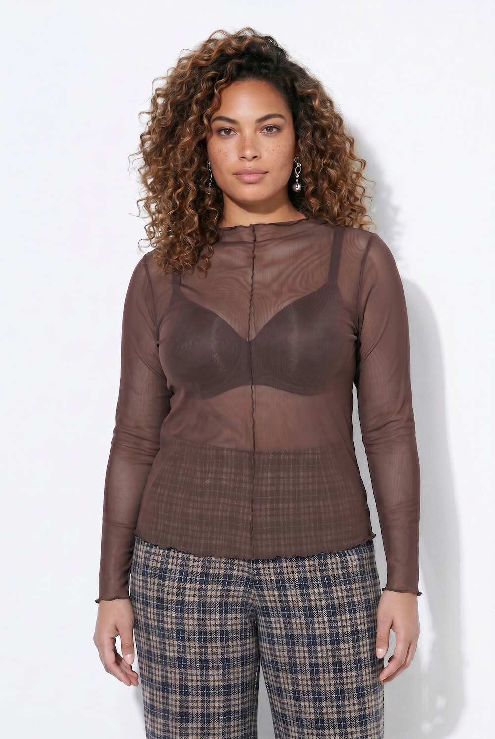 Mesh-Shirt, Slim Fit, Wellenkanten, Langarm, transparent