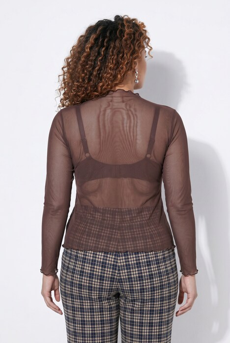 Mesh-Shirt, Slim Fit, Wellenkanten, Langarm, transparent