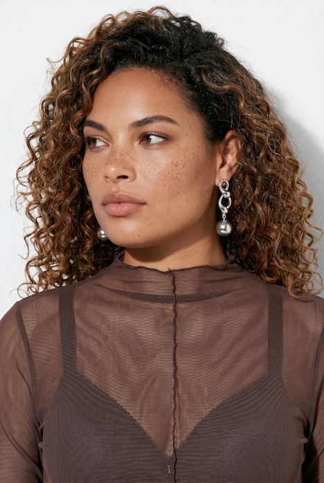 Mesh-Shirt, Slim Fit, Wellenkanten, Langarm, transparent