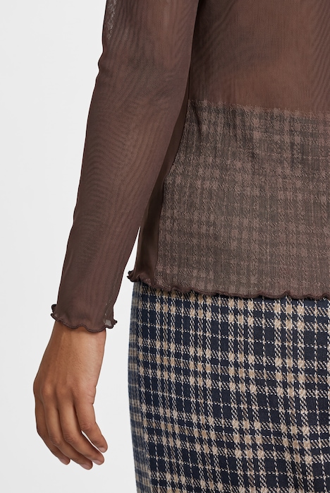 Mesh-Shirt, Slim Fit, Wellenkanten, Langarm, transparent