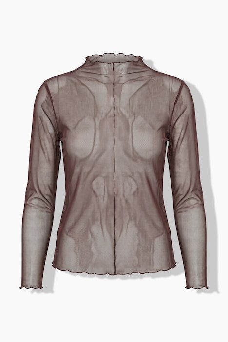 Mesh-Shirt, Slim Fit, Wellenkanten, Langarm, transparent
