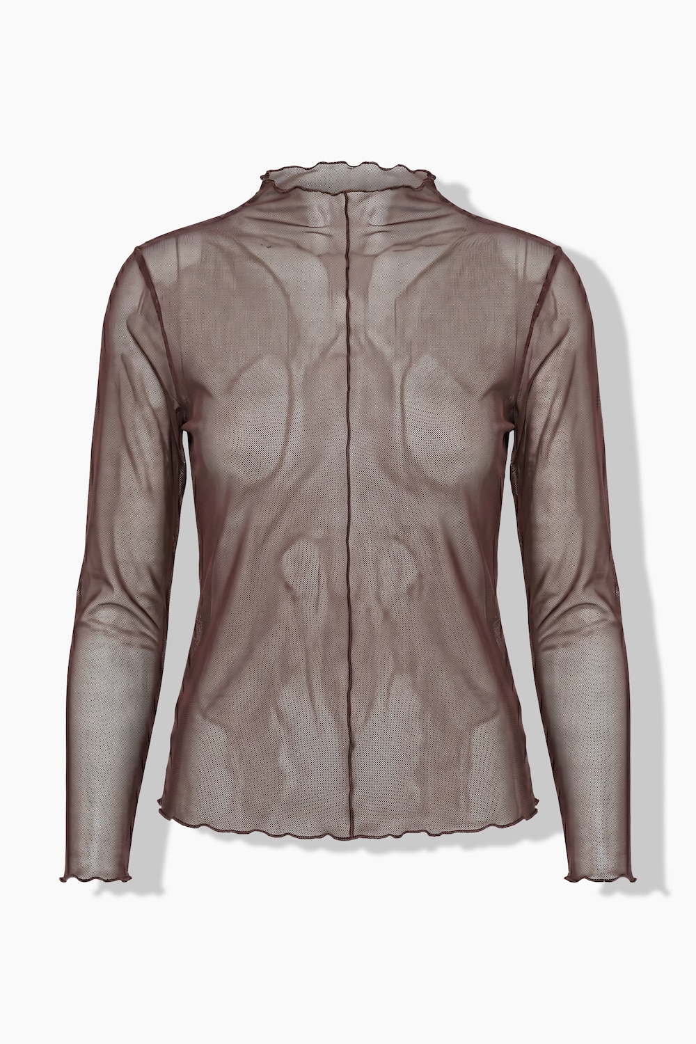 Mesh-shirt, slim fit, golvende randen, lange mouwen, doorschijnend