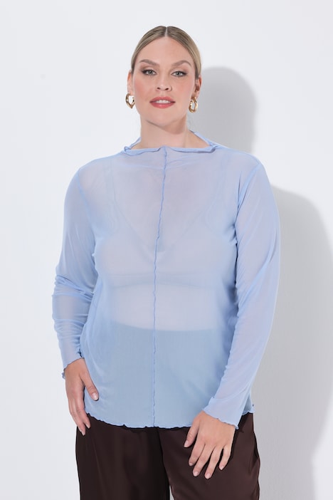 Mesh-Shirt, Slim Fit, Wellenkanten, Langarm, transparent