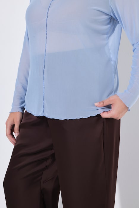 Mesh-Shirt, Slim Fit, Wellenkanten, Langarm, transparent