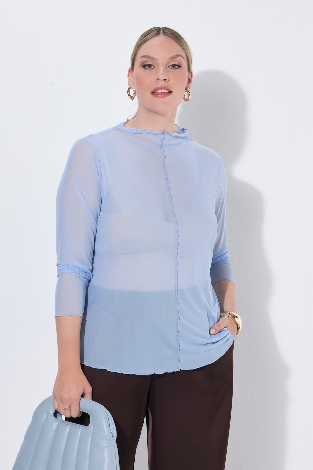 Mesh-Shirt, Slim Fit, Wellenkanten, Langarm, transparent