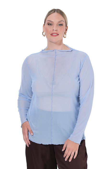 Mesh-Shirt, Slim Fit, Wellenkanten, Langarm, transparent