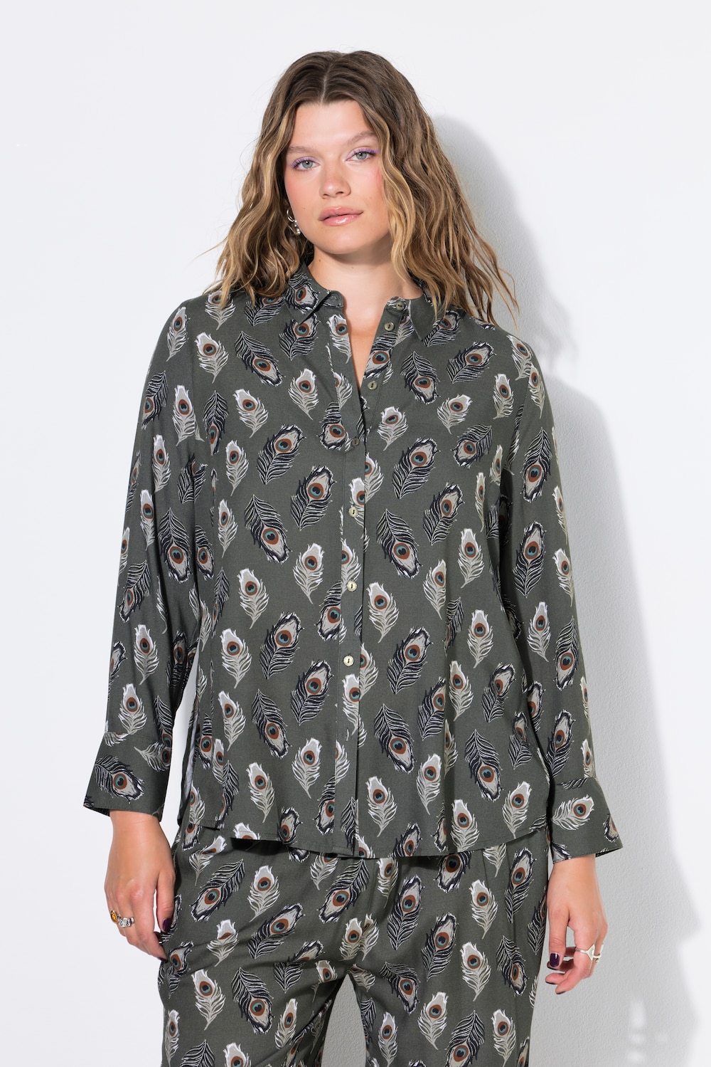 Hemdbluse, Straight Shape, Pfauenfeder-Muster