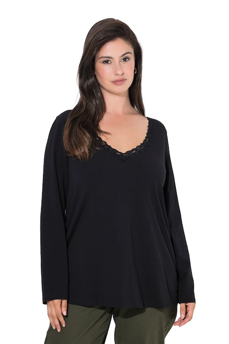 Shirt, Spitzenkante, V-Ausschnitt, Langarm