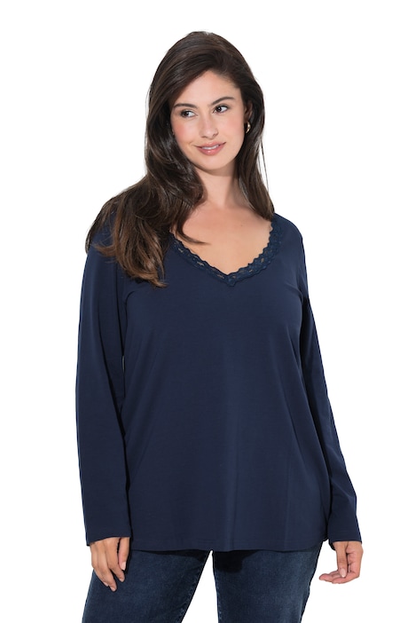 Shirt, Spitzenkante, V-Ausschnitt, Langarm