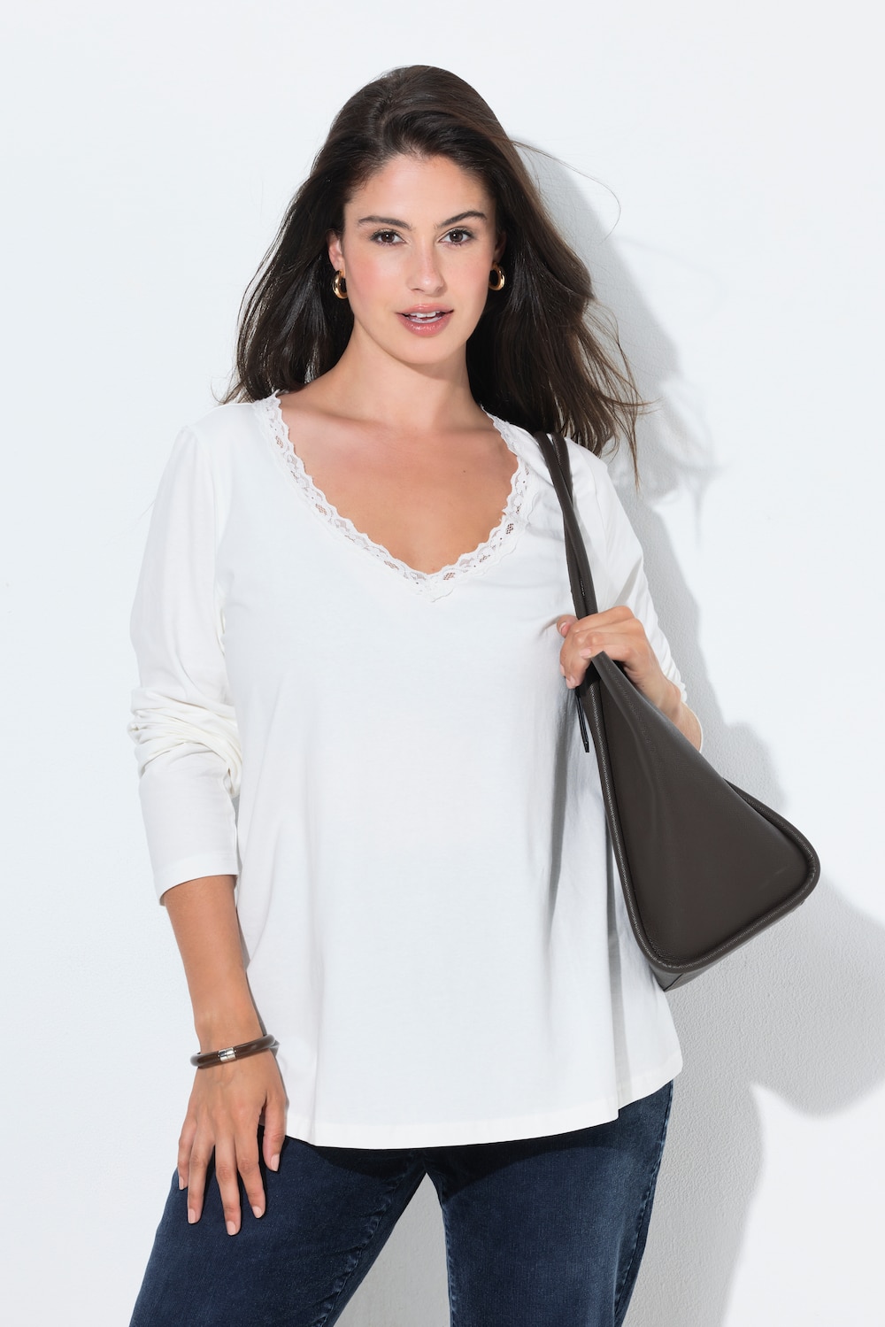 Shirt, Spitzenkante, V-Ausschnitt, Langarm