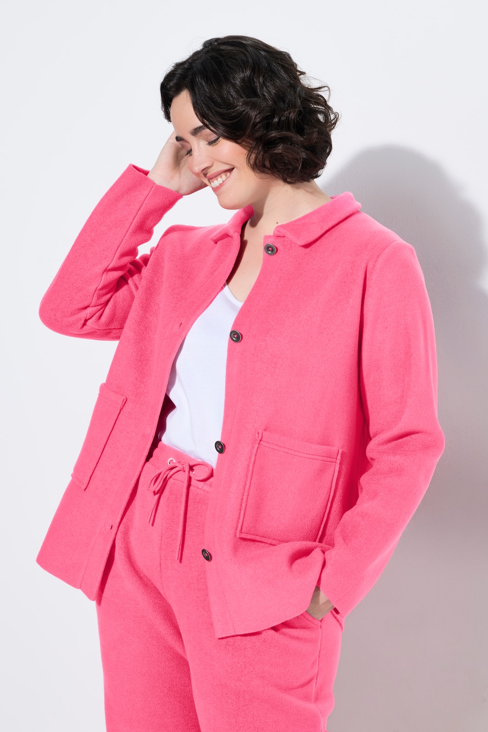 Fleecejacke, Stehkragen, offenkantige Taschen, Langarm