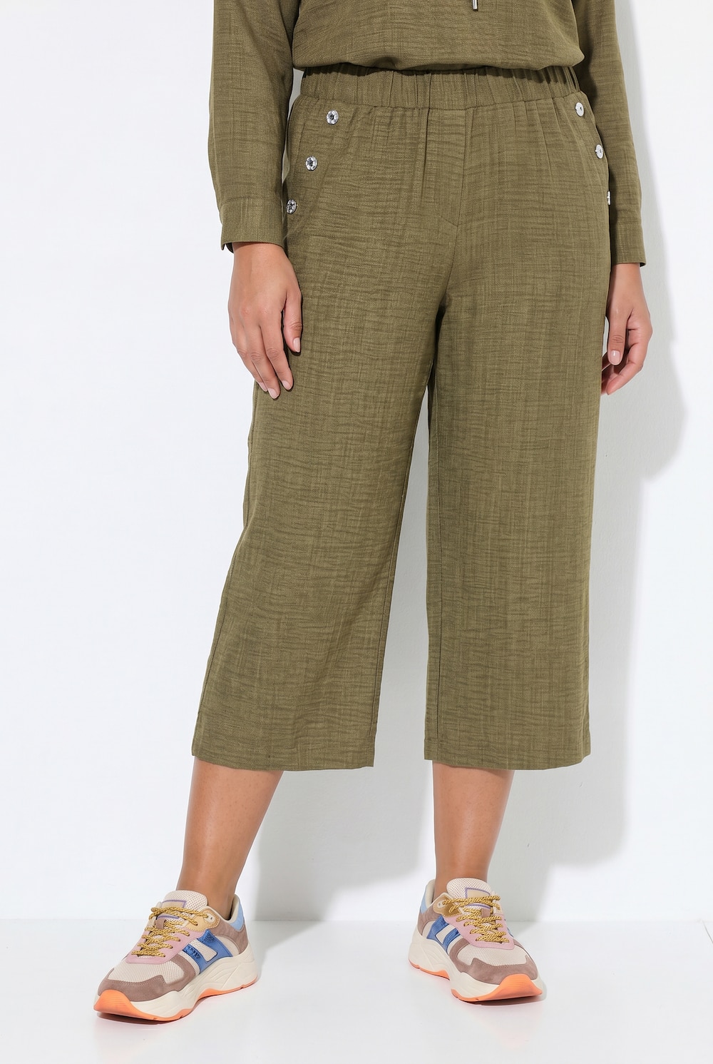 Hose, weites Bein, Twill, Elastikbund, Ziertaschen