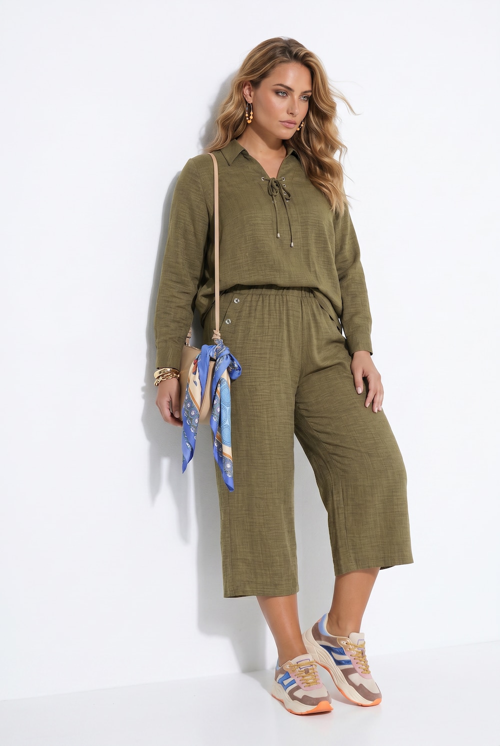 Broek, wijde pijpen, twill, elastische tailleband, sierzakken