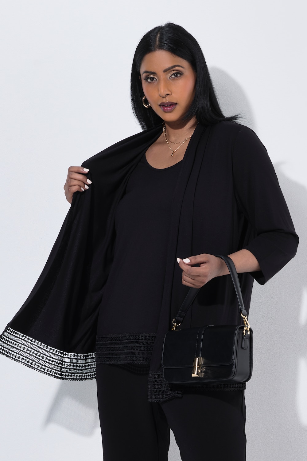 2-in-1-Shirt, Häkel-Bordüren, A-Linie, Rundhals, 3/4-Arm