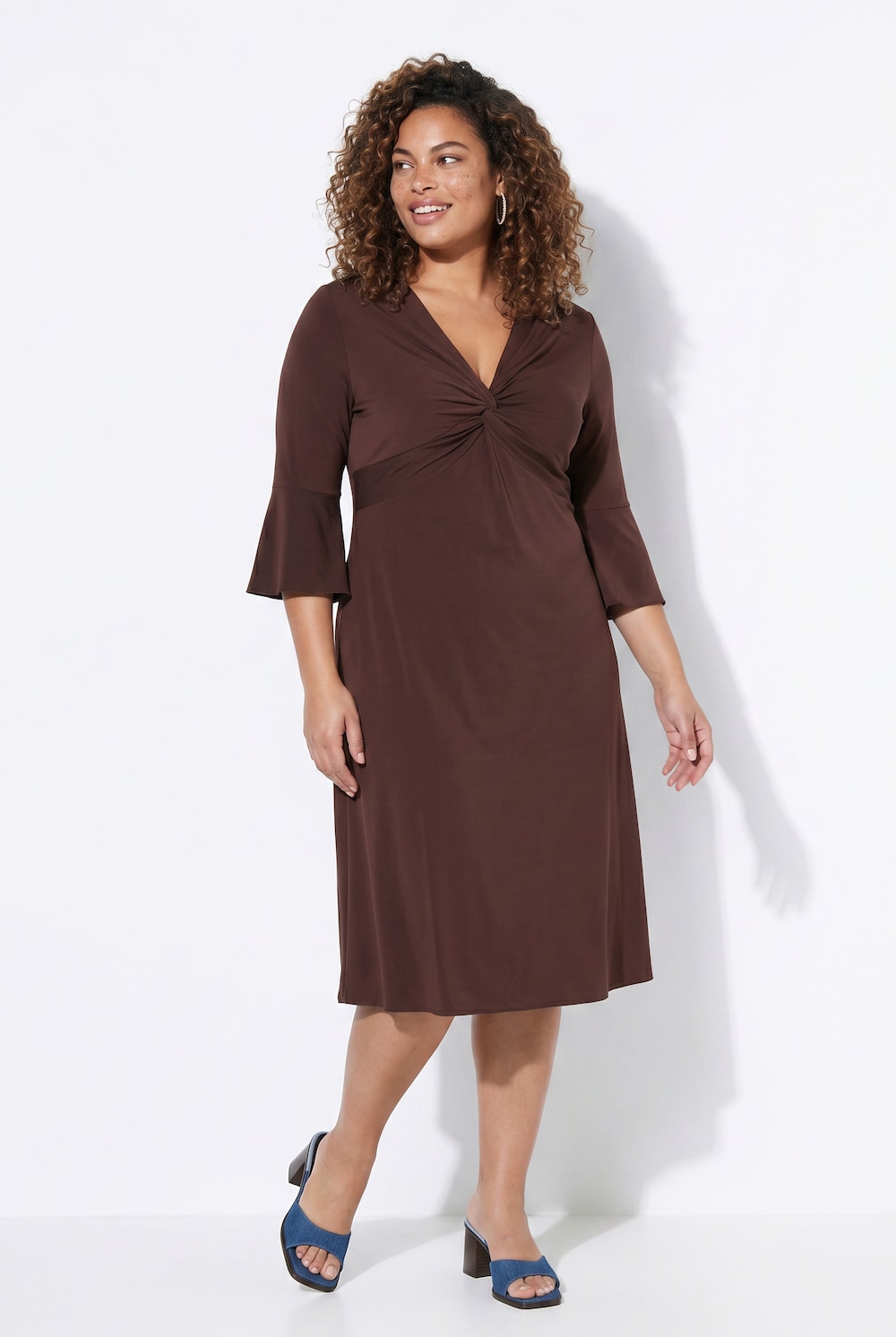 Jerseykleid, A-Linie, Knoten-Detail, 3/4-Trompetenärmel