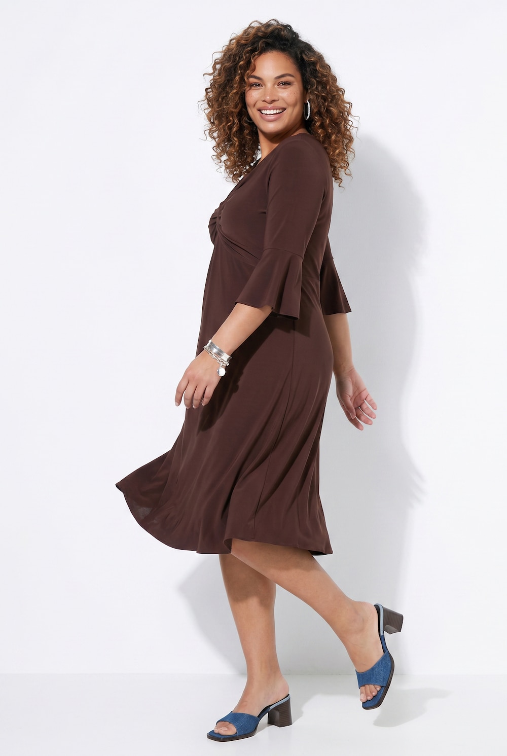Jerseykleid, A-Linie, Knoten-Detail, 3/4-Trompetenärmel