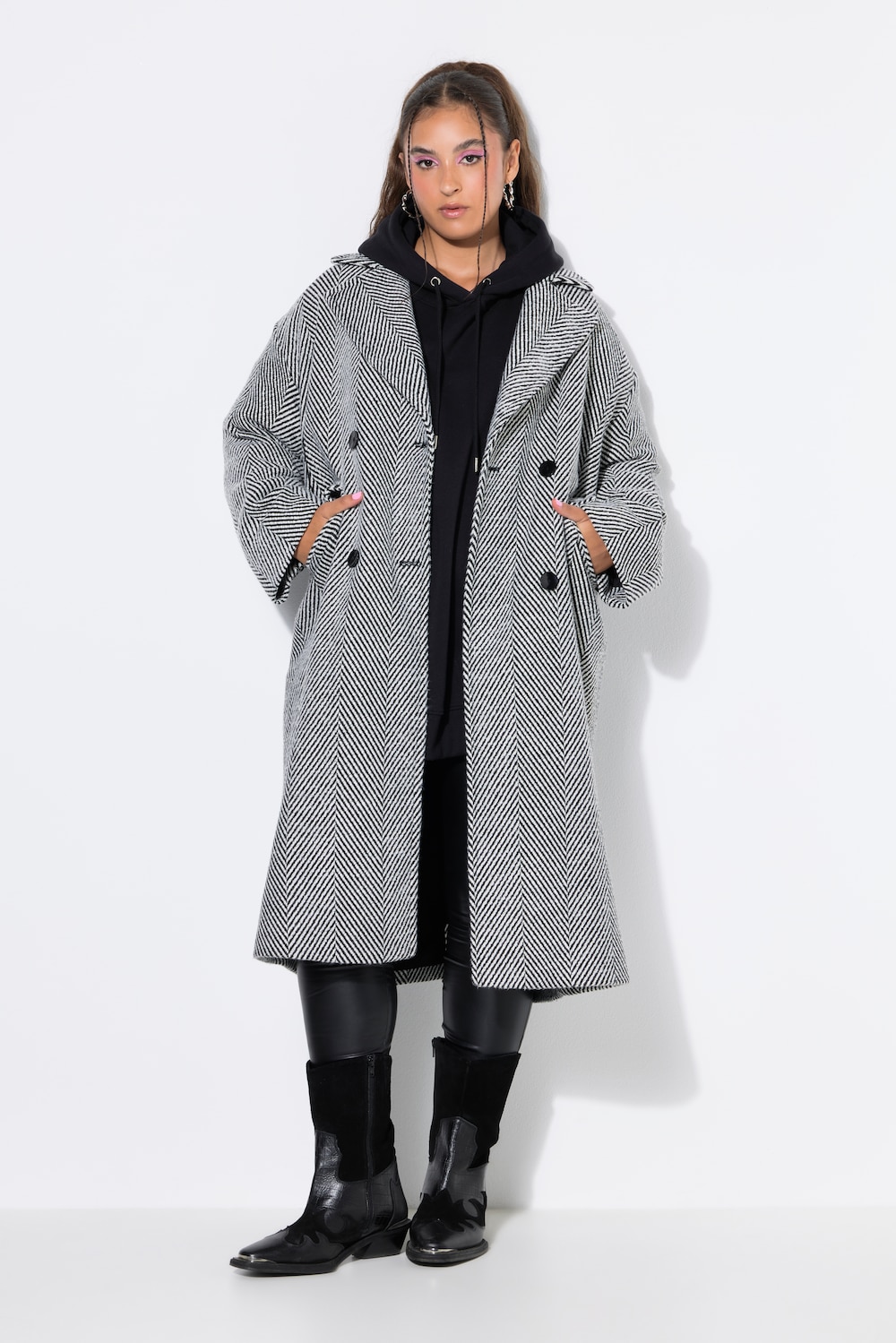 Fischgrät-Mantel, Oversize Shape, Reverskragen
