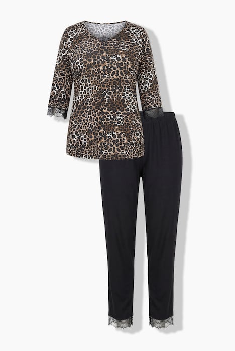 Pyjama, Zweiteiler, Leo-Oberteil, Spitze, uni Hose