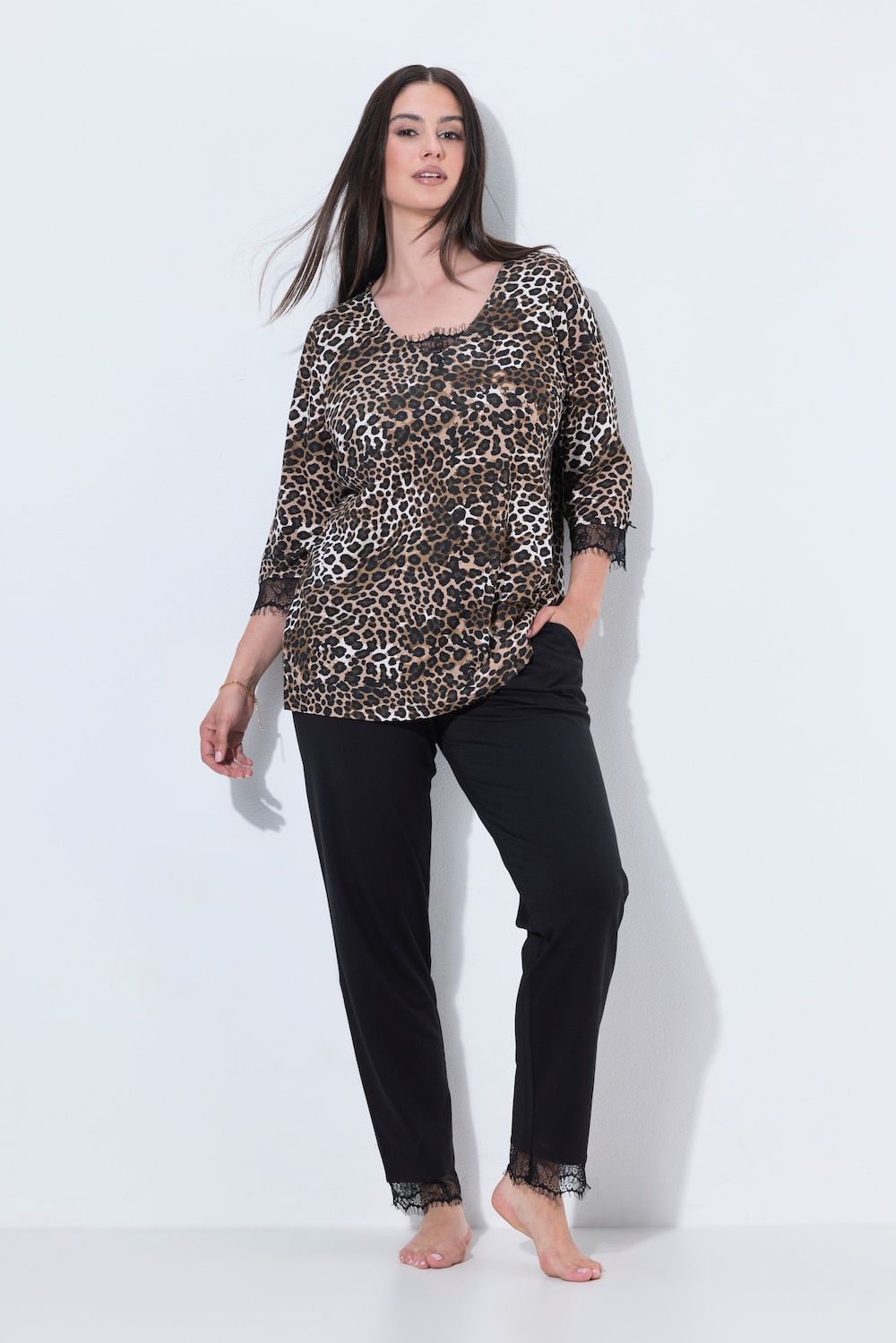 Pyjama, Zweiteiler, Leo-Oberteil, Spitze, uni Hose
