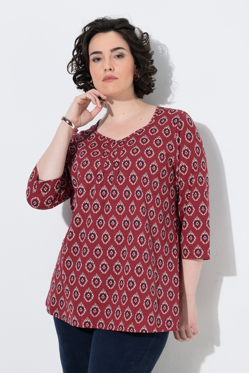 Shirt, Zierfalten, A-Linie, Herzausschnitt, 3/4-Arm