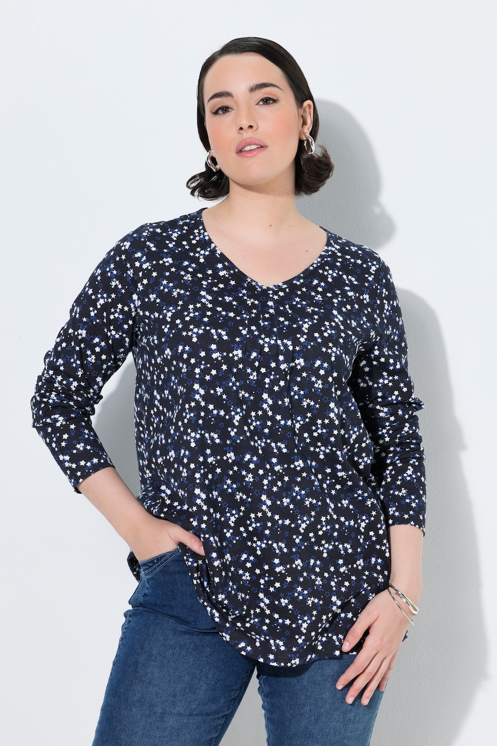 Shirt, Sterne, A-Linie, V-Ausschnitt, Langarm