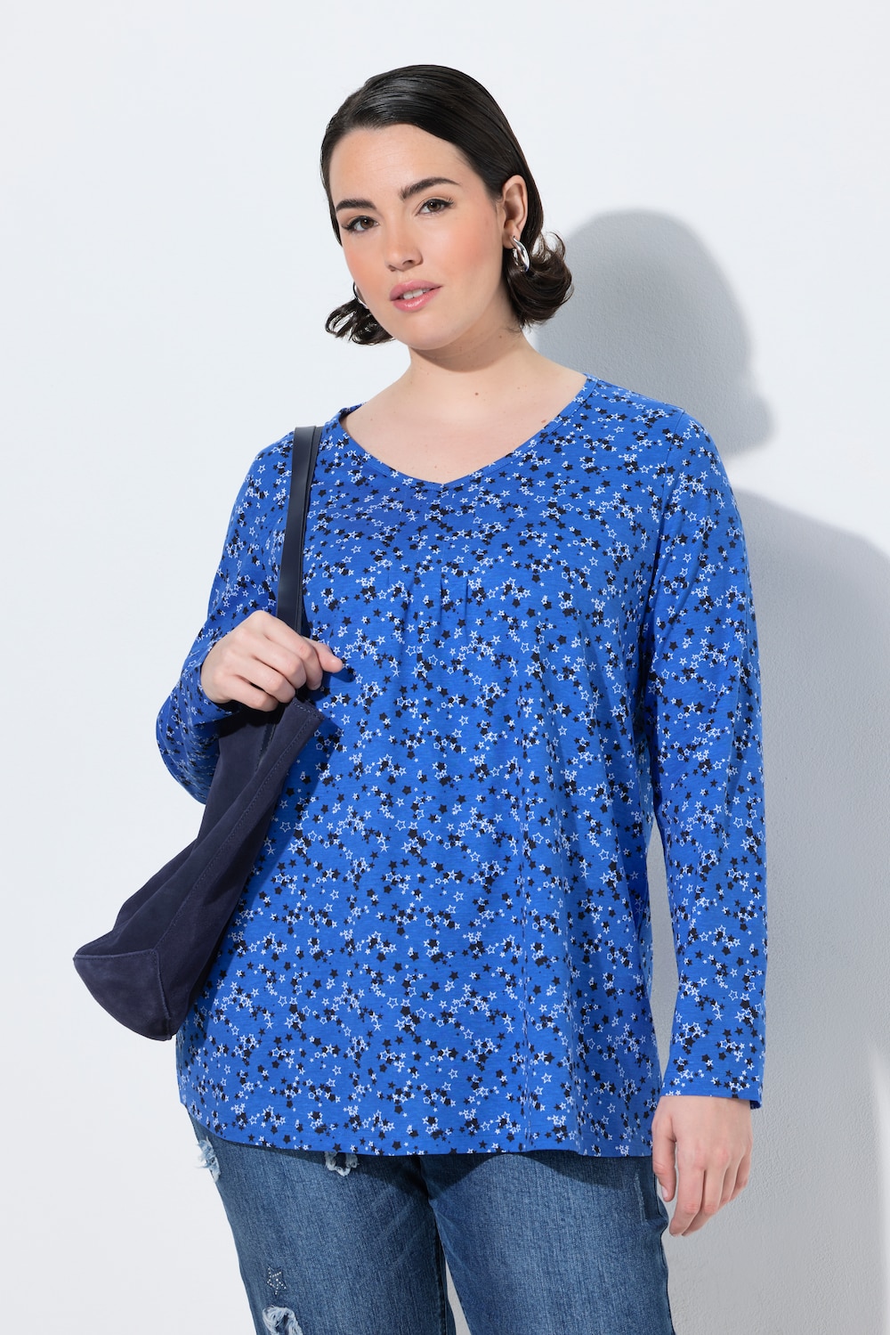 Shirt, Sterne, A-Linie, V-Ausschnitt, Langarm
