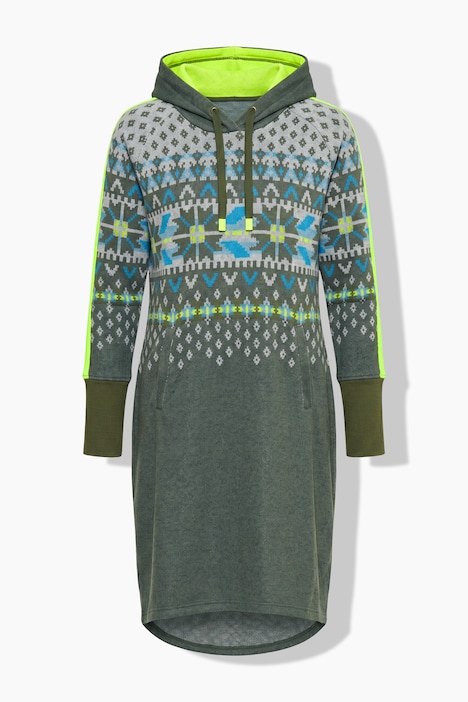 Norweger-Strickfleece-Kleid, Kapuze, Langarm