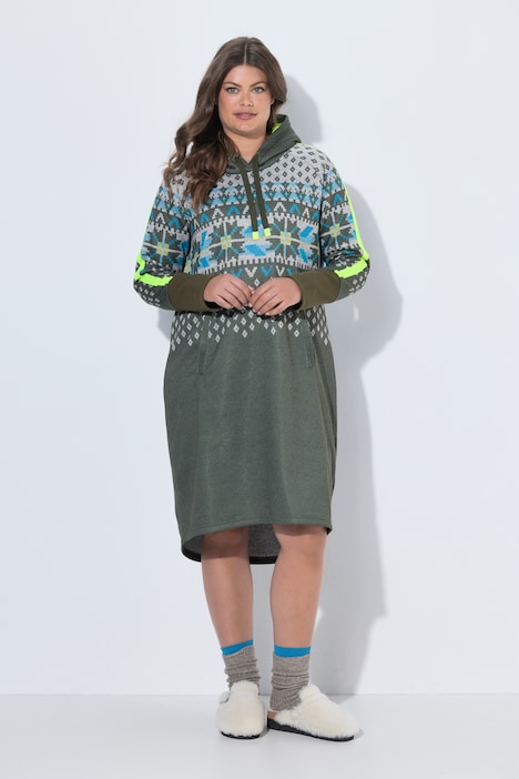 Norweger-Strickfleece-Kleid, Kapuze, Langarm