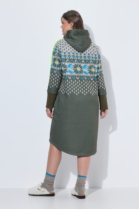 Norweger-Strickfleece-Kleid, Kapuze, Langarm