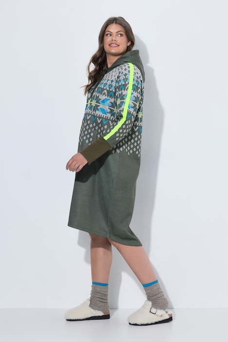 Norweger-Strickfleece-Kleid, Kapuze, Langarm