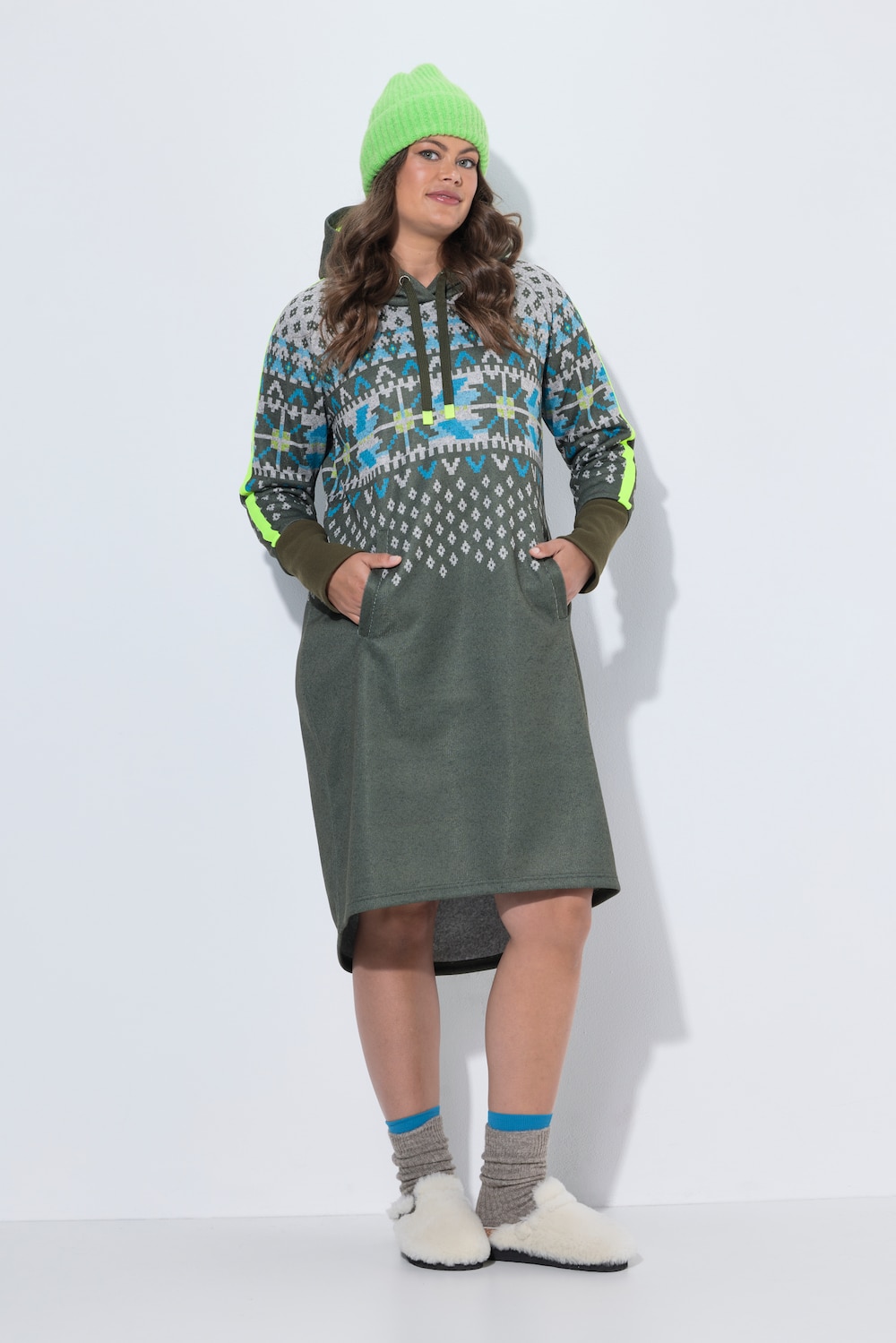 Norweger-Strickfleece-Kleid, Kapuze, Langarm