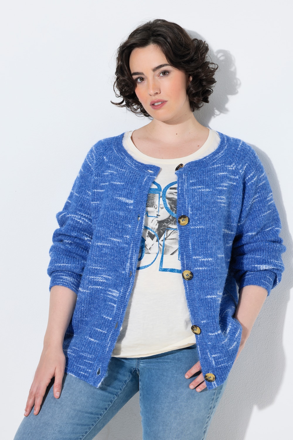 Strickjacke, Melange-Rippstrick, Rundhals, Langarm