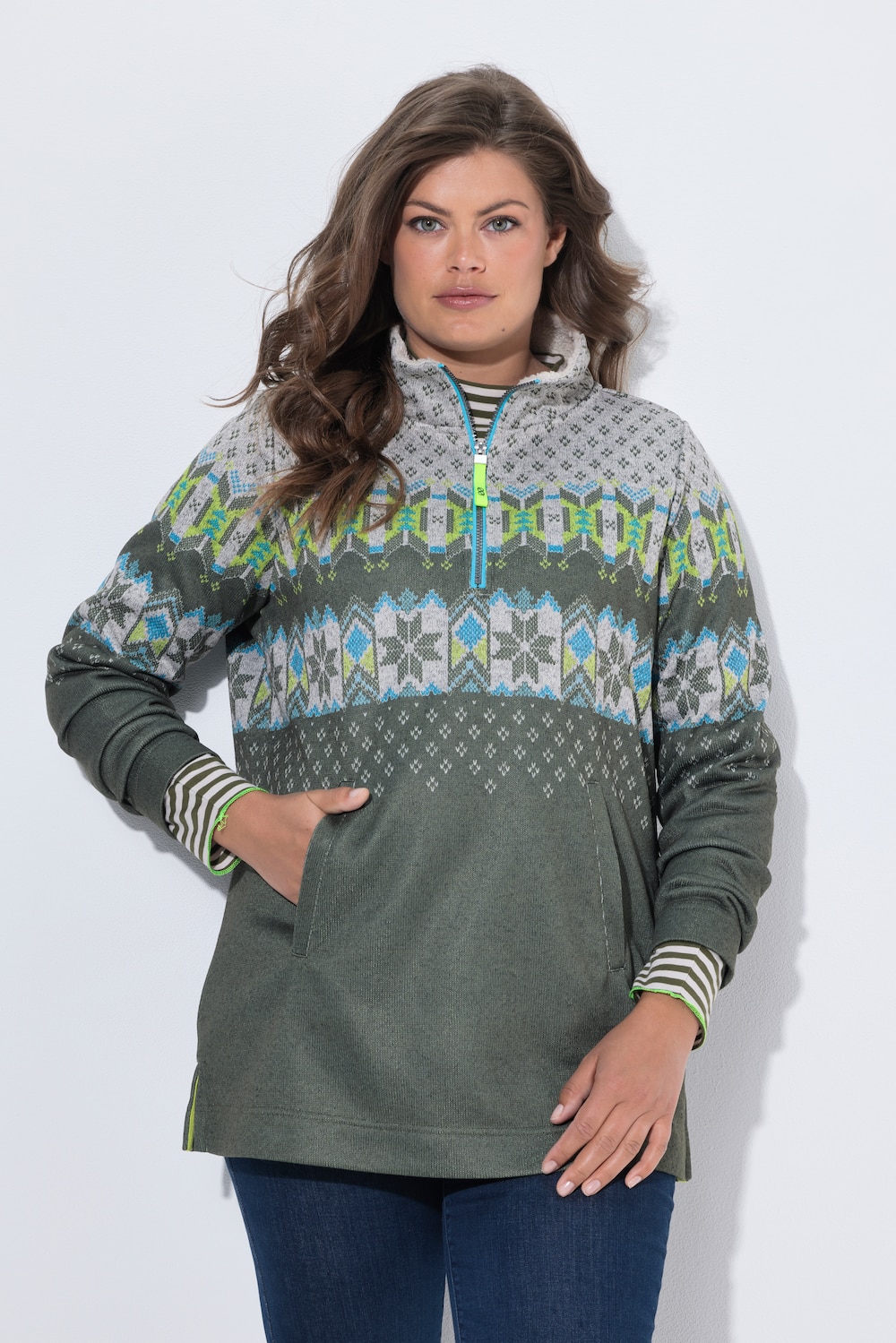 Noorse gebreide fleece-trui, troykraag, lange mouwen