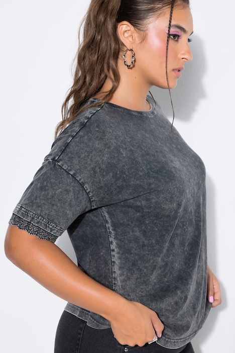 T-Shirt, oversized, Statement, Halbarm mit Spitze