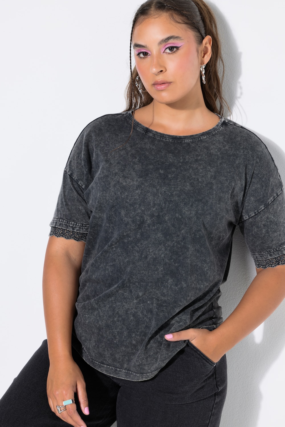 T-Shirt, oversized, Statement, Halbarm mit Spitze